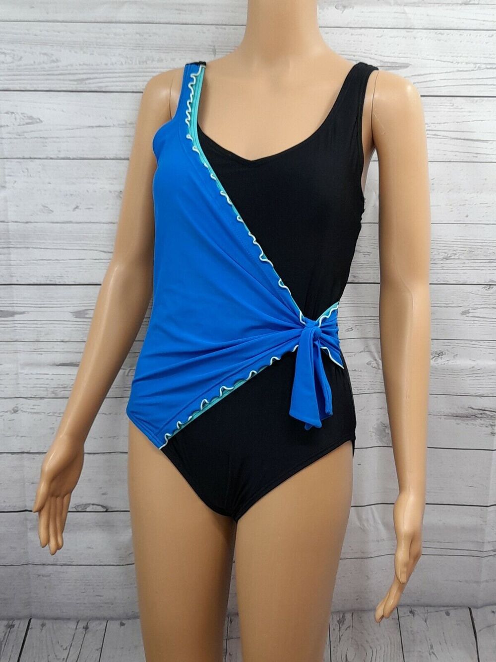 Sweet Escape Swimsuit Front Cover Side Tie One Piece Sz 8 Black Blue